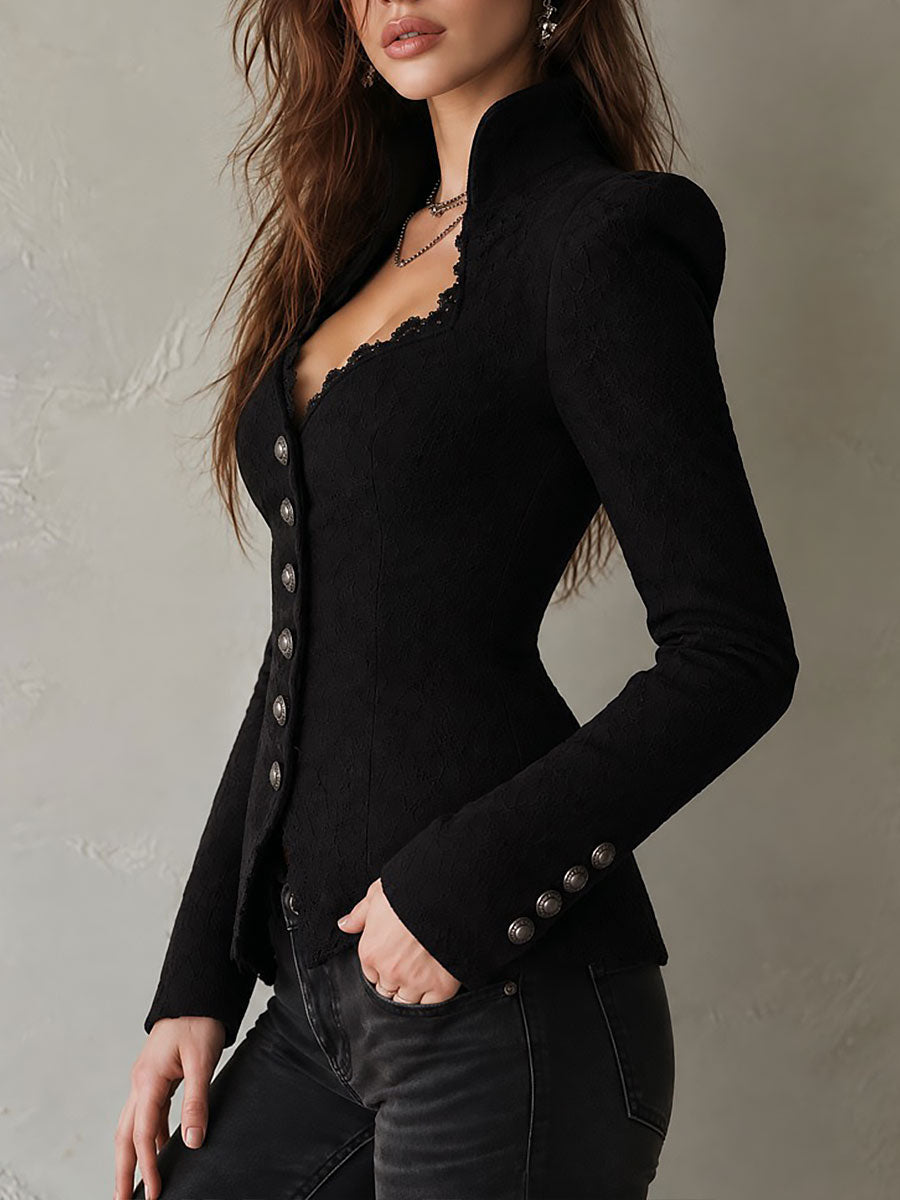Quiet Luxury Heart-shaped Neckline Structured Lace-Trim Fitted Jacket with Silver Buttons