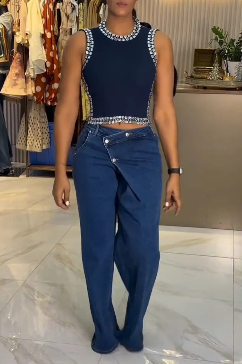 Women's Neck Hanging Nail Drill Back Hollow Top or Spliced Jeans