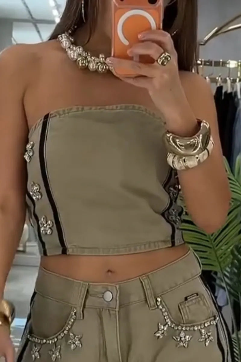 Women Denim Strapless Top with Rhinestones or Side Vertical Stripe Wide Leg Jeans