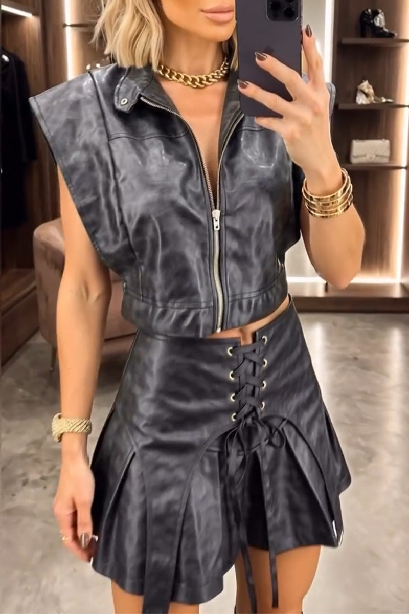 Women Temperament Casual Collar Leather Jacket or Patchwork Skirt