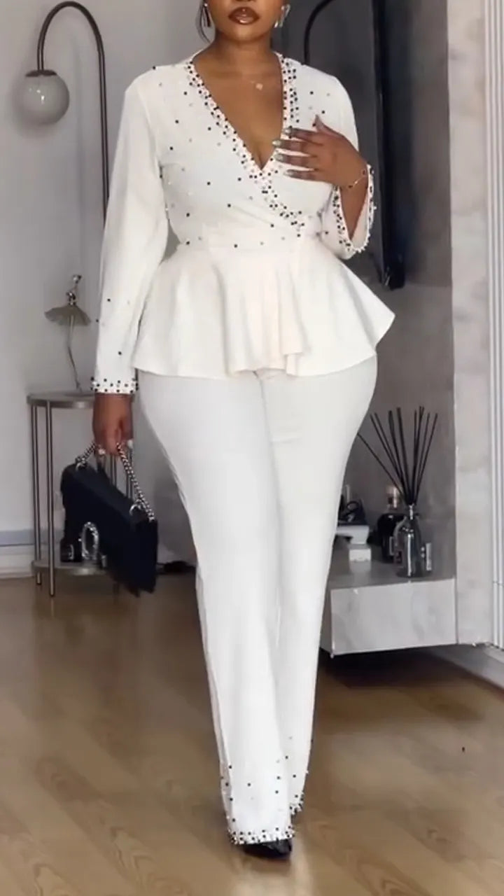 Women V-neck Nail Bead Top + Pants Temperament Commuting Suit