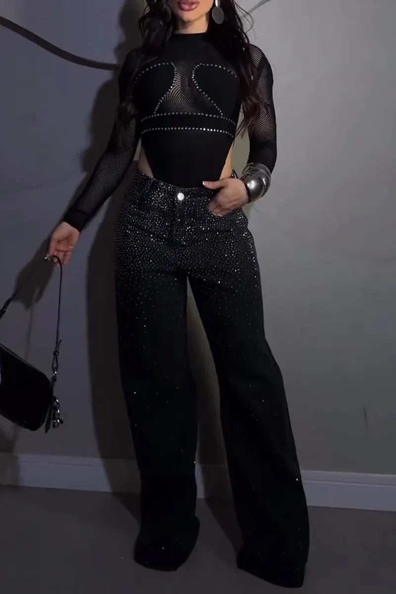 Women's Fashion Mesh Patchwork Rhinestone Bodysuit or Rhinestone Jeans