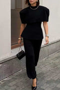 Womens Round Neck Splicing Top + Pants Solid Color Temperament Casual Suit