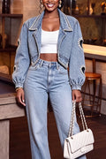 Women's Casual Heart Cut-Out Decoration Rhinestone Short Denim Jacket