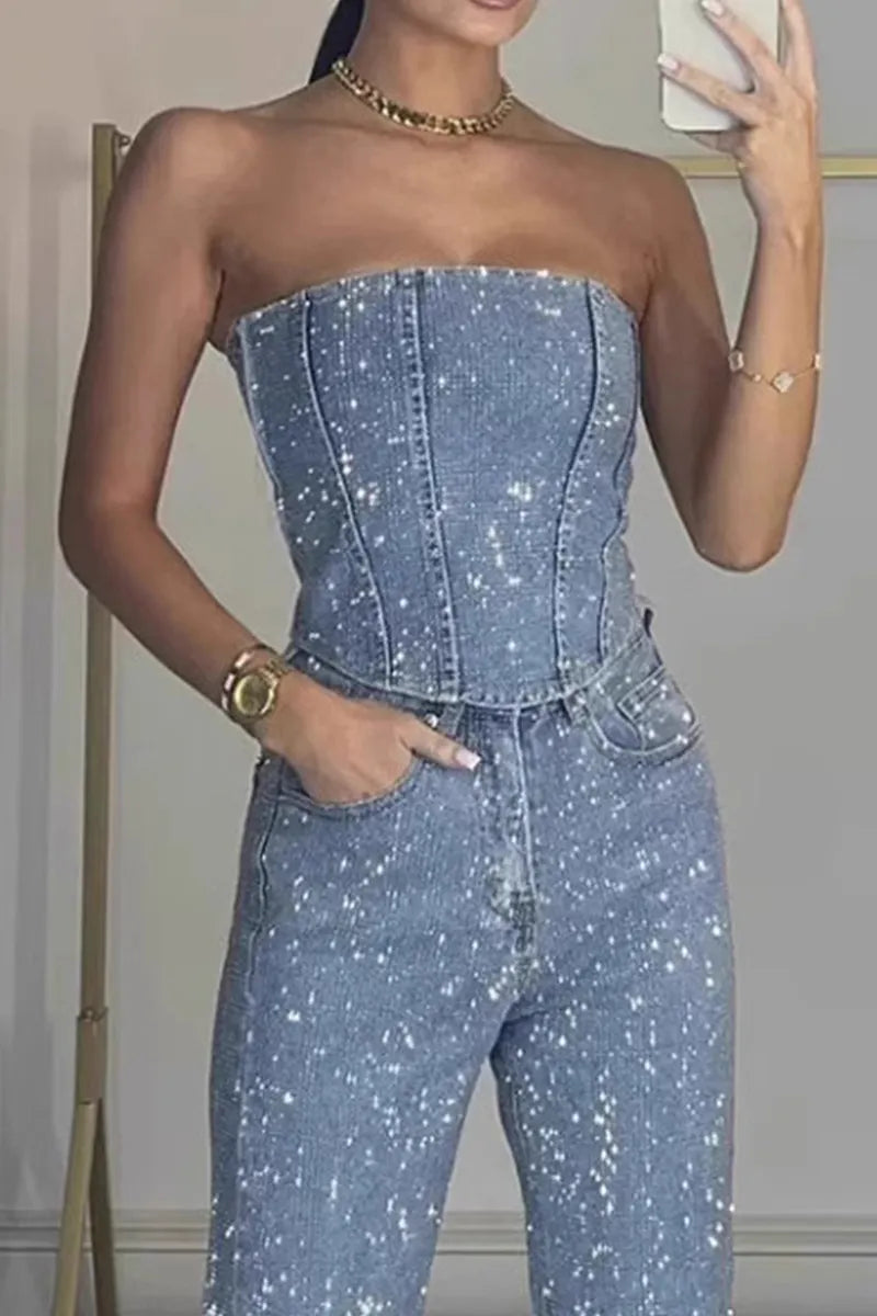 Ladies' Sexy Off Shoulder Sparkling Camisole With Diamond Trim Pants