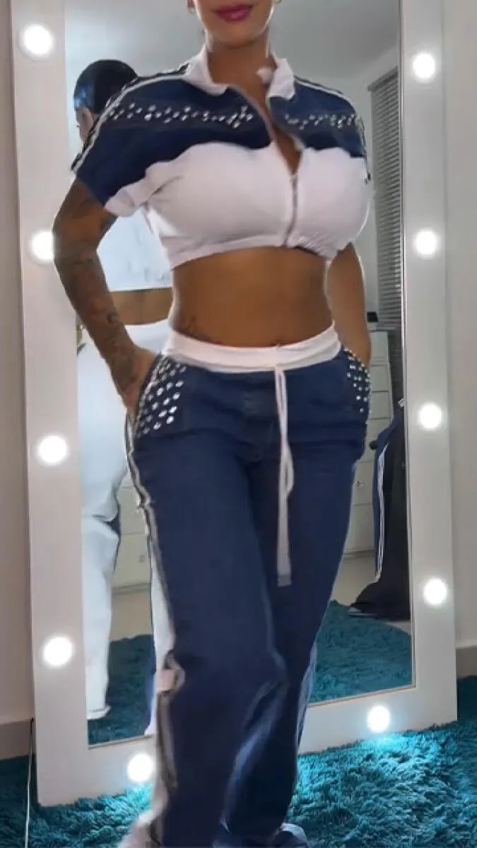 Women Round Neck Hot Pressed Diamond Spliced Top+ Pants Casual Set