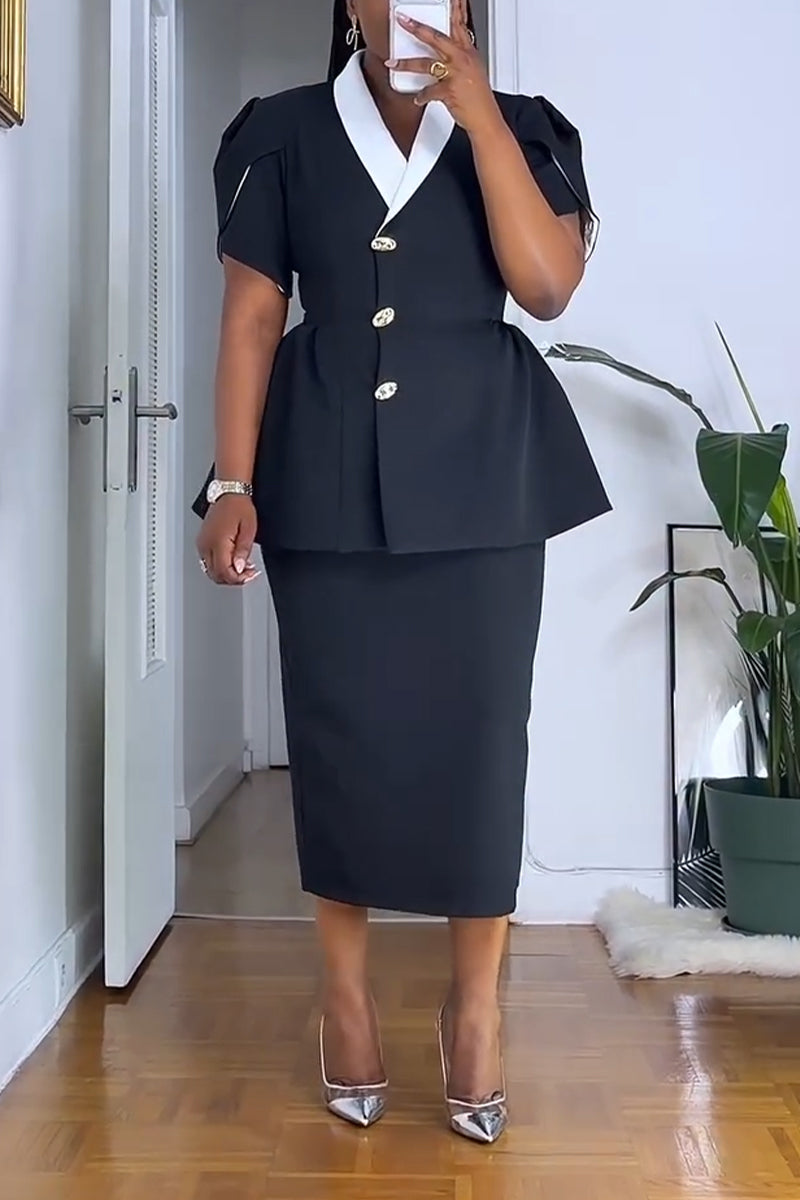 Women's Collar and Waist Cinched Jacket + Half Skirt Temperament Commuting Suit