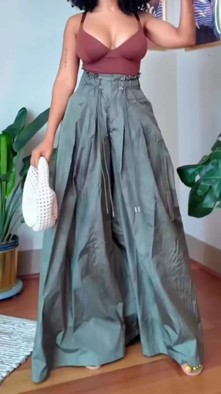 Women High Waisted Drawstring Casual Wide Leg Pants