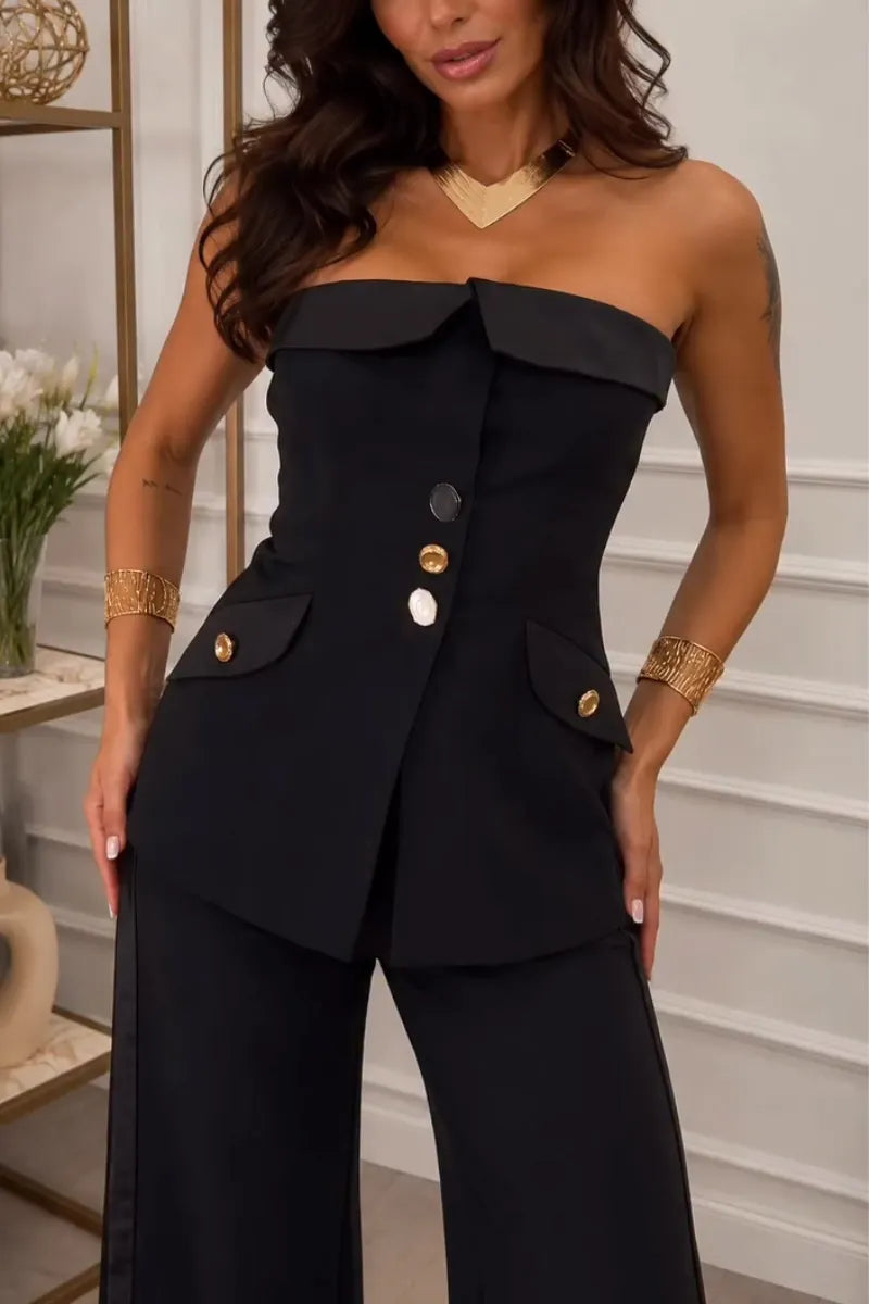 Women's Strapless Patchwork Top + Pants Elegant Temperament Set