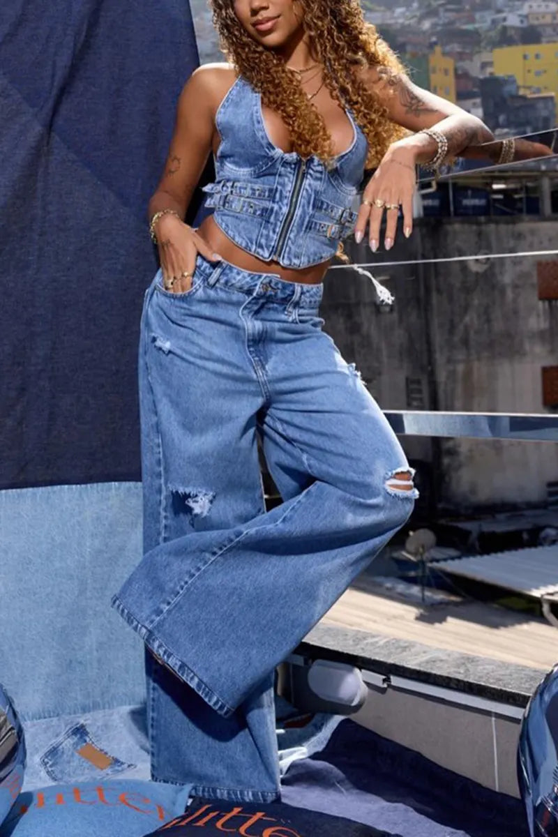 Women's Fashion Halter Denim Vest or Ripped Jeans