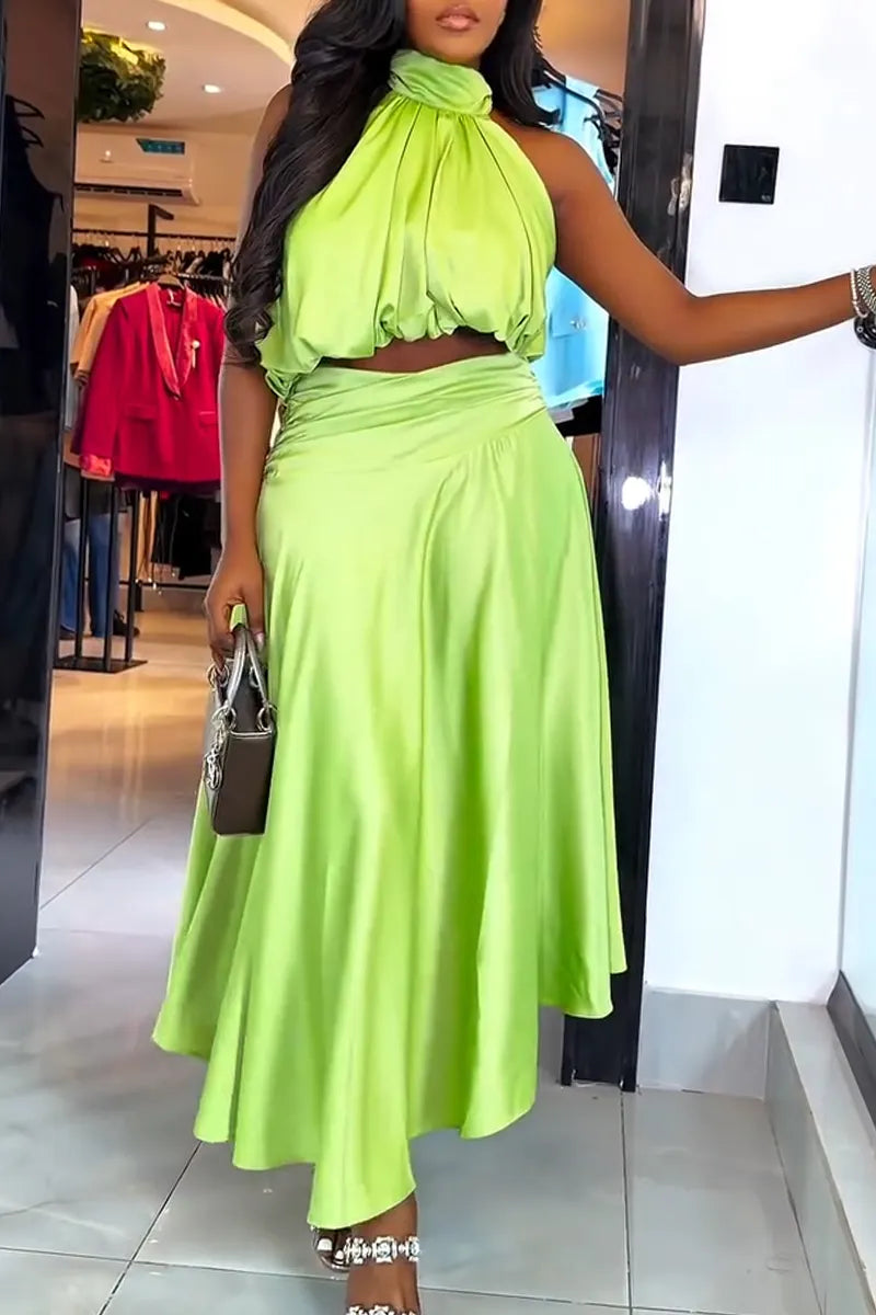 Women Neck Hanging Top + Half Skirt Solid Color Elegant Casual Suit