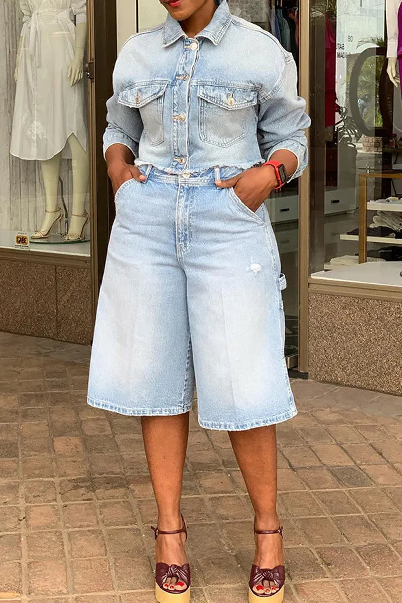 Ladies' Casual Denim Light Washed Top And Shorts