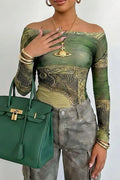 Women Casual One Collar Printed Top or Workwear Jeans