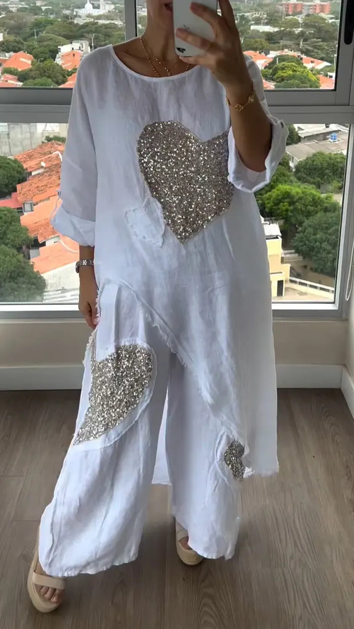 Women Round Neck Sequined Irregular Long Top+ Pants Casual Suit