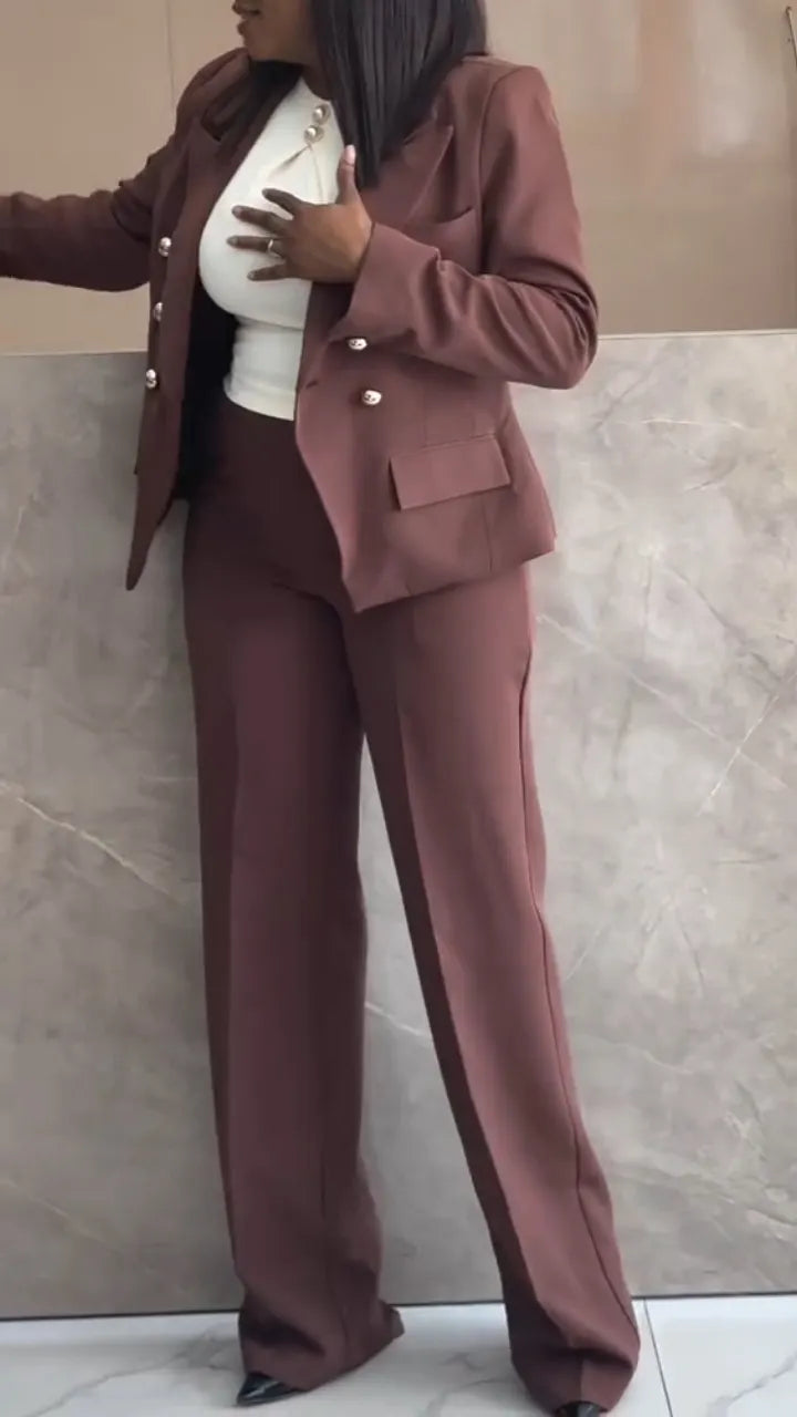 Women Collar Double Row Buckle Blazer + Pants Temperament Commuting Suit
