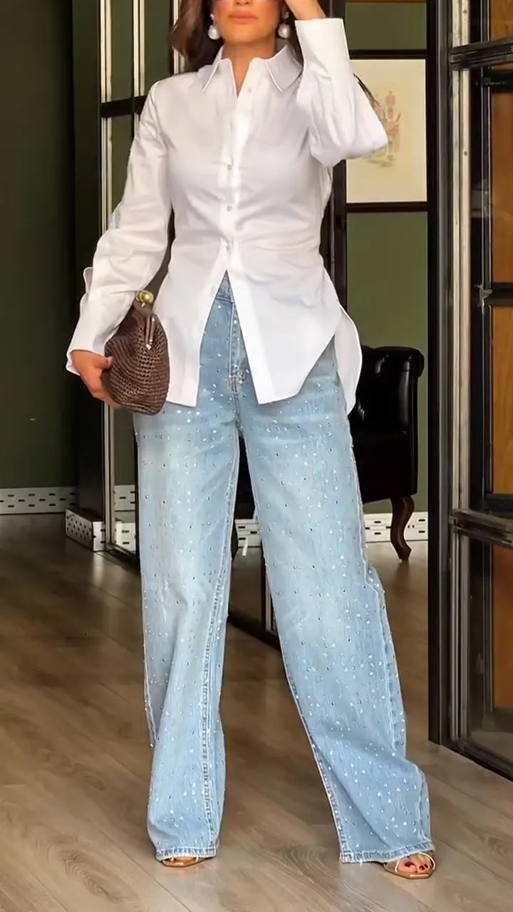 Women Collar Back Hollow Strap Design Shirt + Rhinestone Washed Denim Jeans