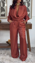 Women Laple Collar Top+ Pants Solid Color Temperament Casual Suit