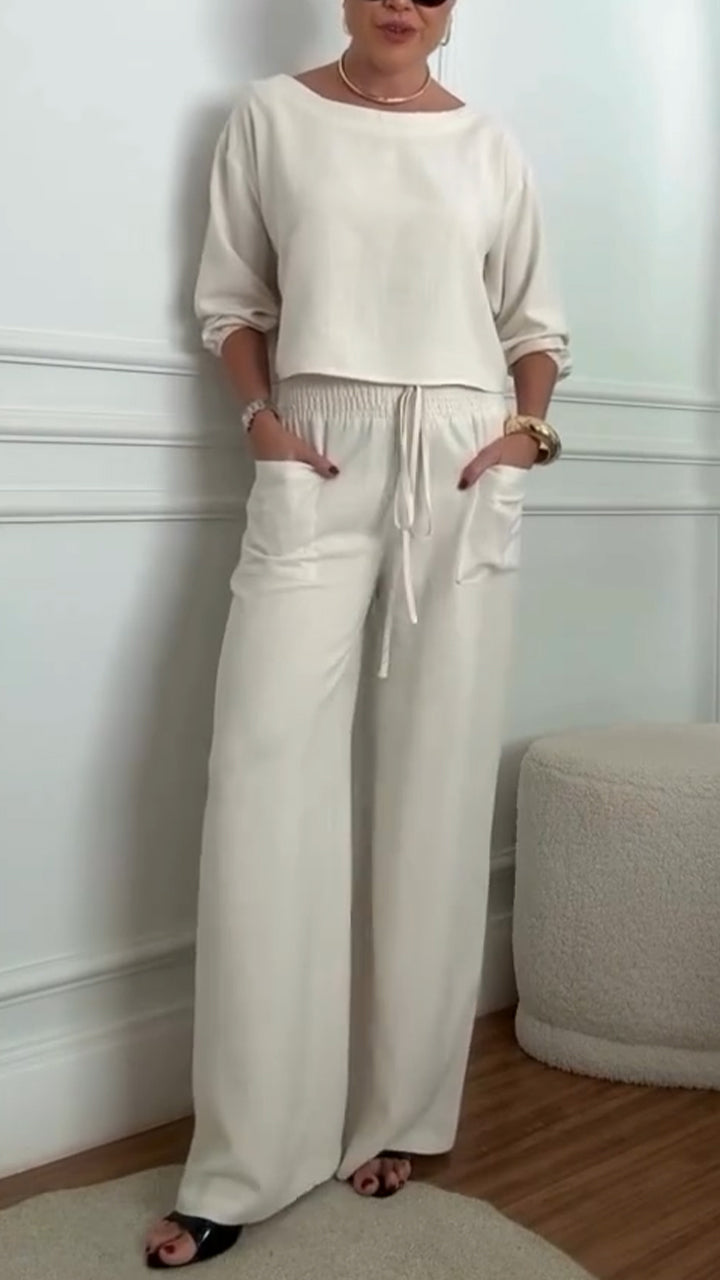 Women Round Neck Top + Drawstring Pants Solid Color Casual Suit