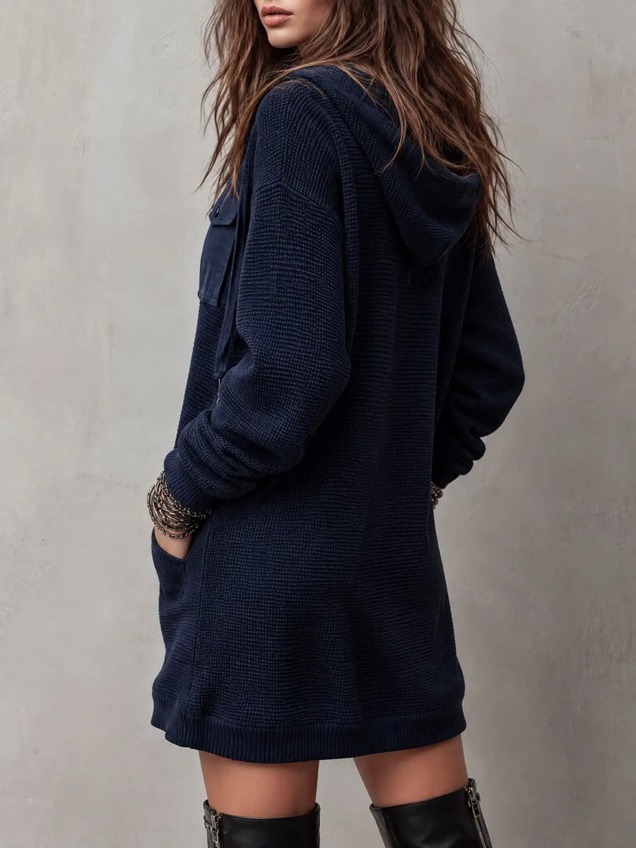 Vintage Half-Zip Hooded Waffle Knit Sweater Mini Dress