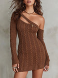 Asymmetric Off-Shoulder Cable Knit Sweater Dress with Zipper Cutout Detail