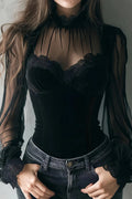 Women's Mesh Spliced Hollow Flared Sleeve Tie Elegant Temperament Top