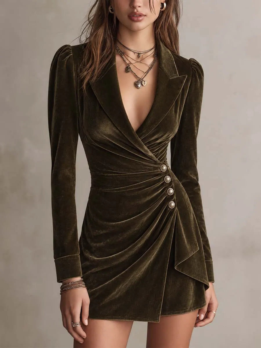 Olive Green Velvet Plunging Lapel Long Sleeve Mini Dress With Draped Side Buttons