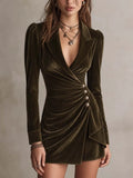 Olive Green Velvet Plunging Lapel Long Sleeve Mini Dress With Draped Side Buttons