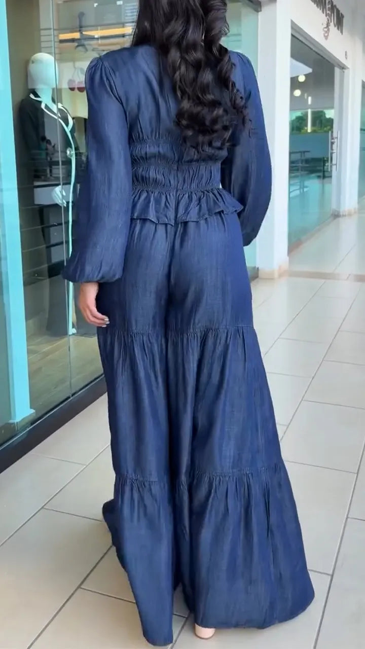 Women V-neck Fitted Top + Wide-leg Pants Solid Color Casual Set