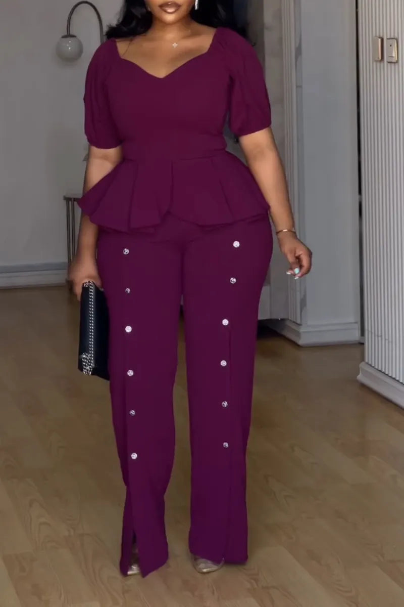 Women Square Collar Waist Cinched Top+ Rhinestone Pants Temperament Commuting Formal Suit