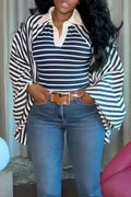 Women's Collar Patchwork Striped Casual Top