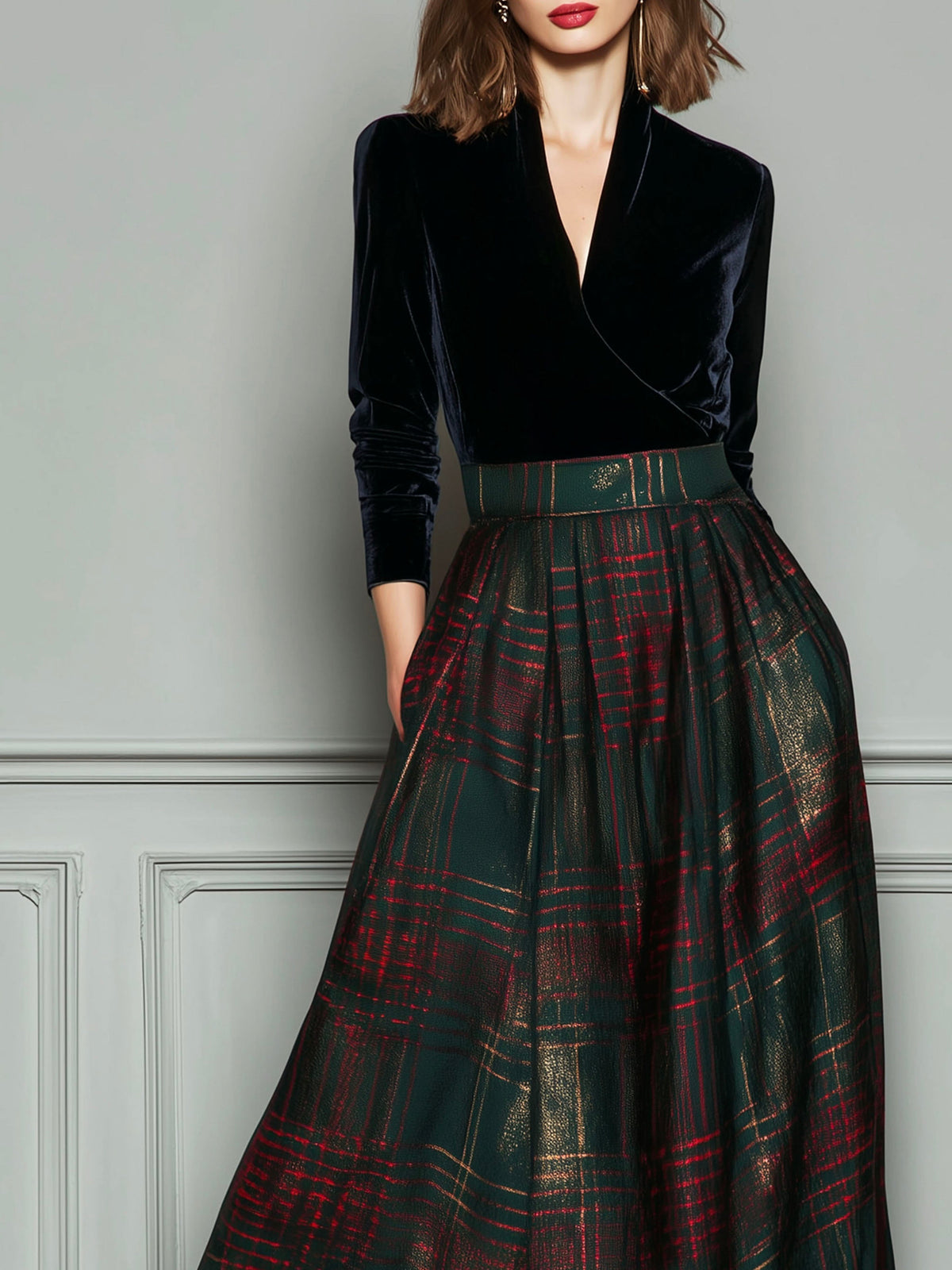Elegant High Waist Velvet And Plaid Evening Gown With Full Skirt