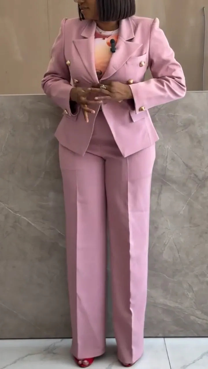 Women Collar Double Row Buckle Blazer + Pants Temperament Commuting Suit