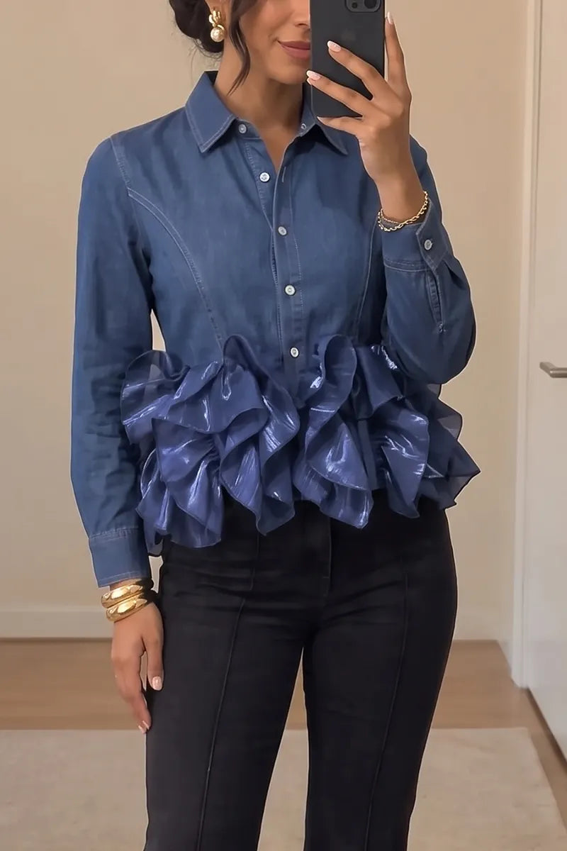Women's Chic Button Down Denim Ruffle Hem Blue Shirt