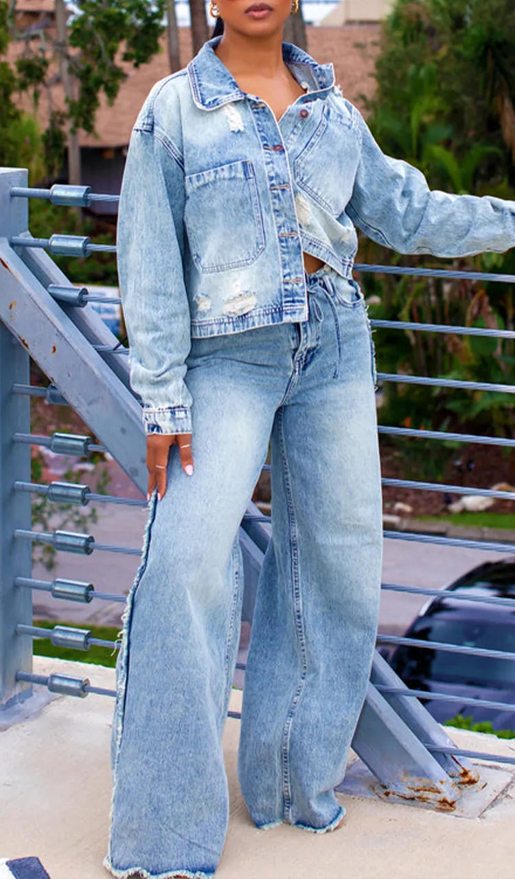 Women Collared Jacket + Pants Casual Denim Set