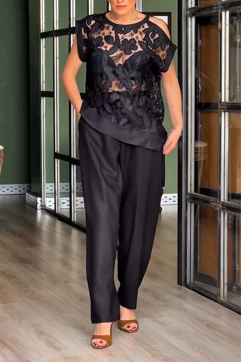 Women Round Neck Patterned See Through Top+ Wide Leg Pants Casual Suit