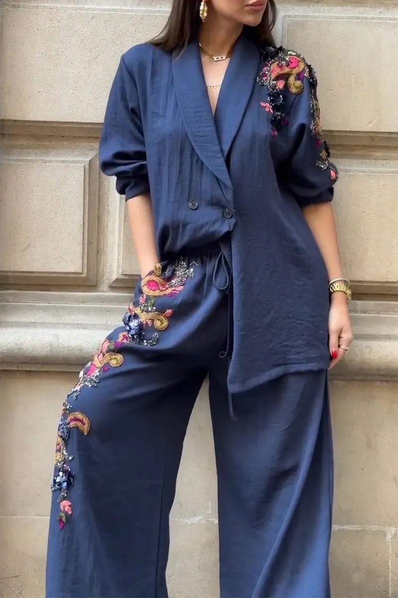 Women Collar Pattern Sequin Splicing Temperament Commuting Formal Suit
