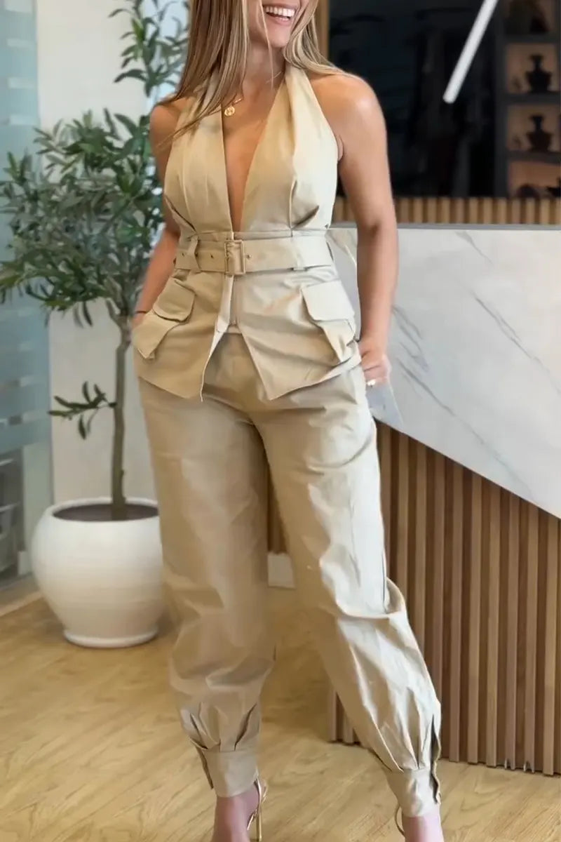Women Neck and Waist Cinching Top+ Pants Casual Suit