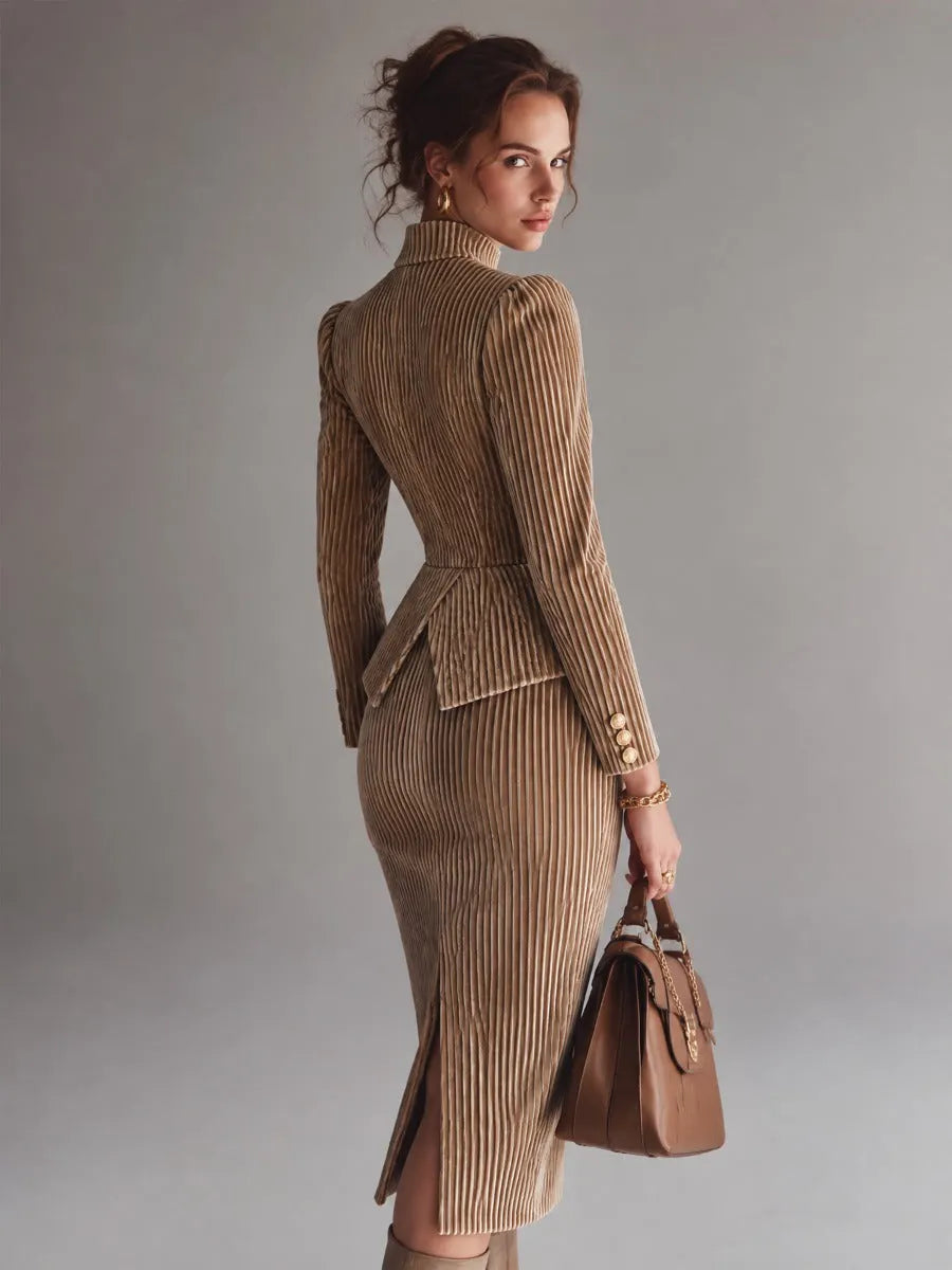 Camel Striped Velvet Midi Dress With Stand Collar Double-Breasted