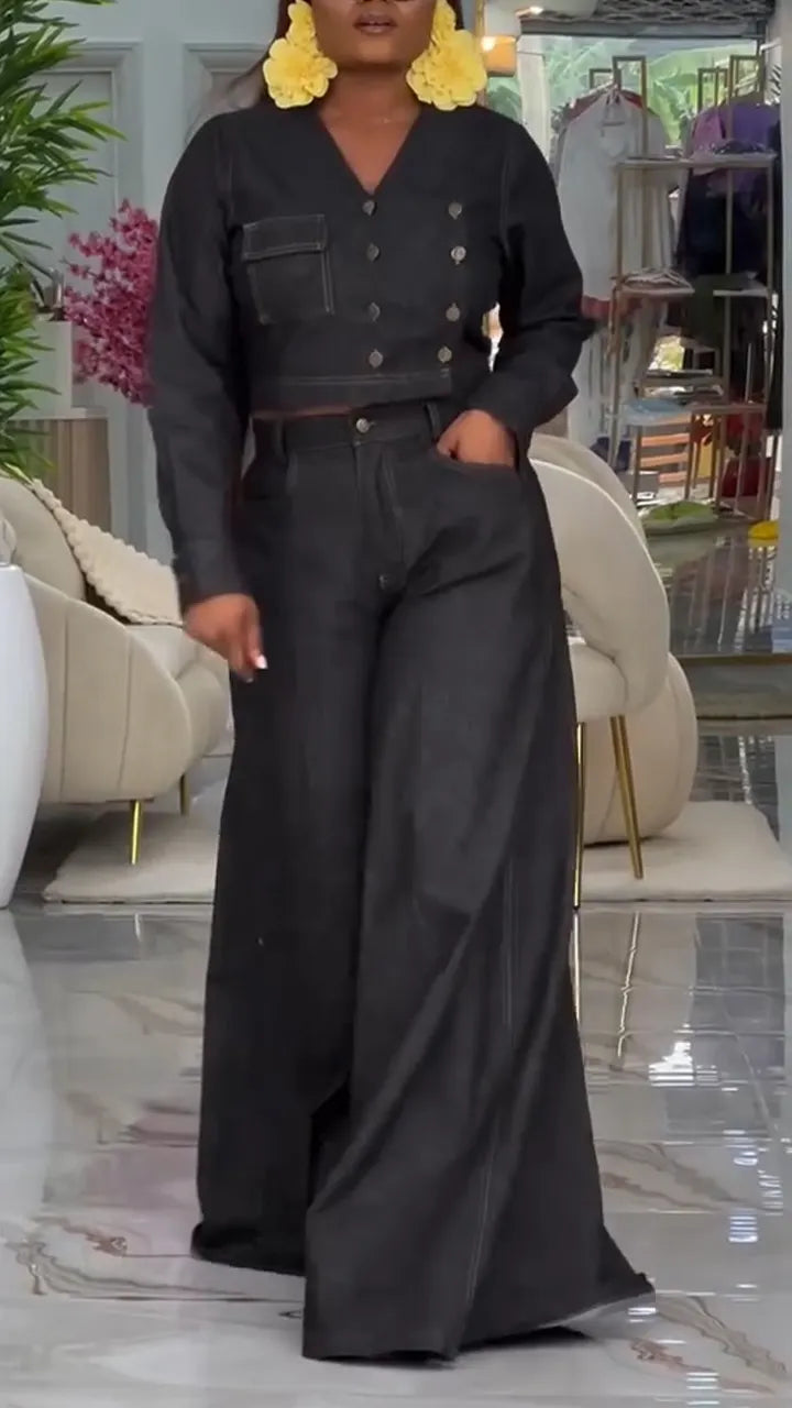 Women V-neck Double Breasted Top and Pants Casual Denim Suit