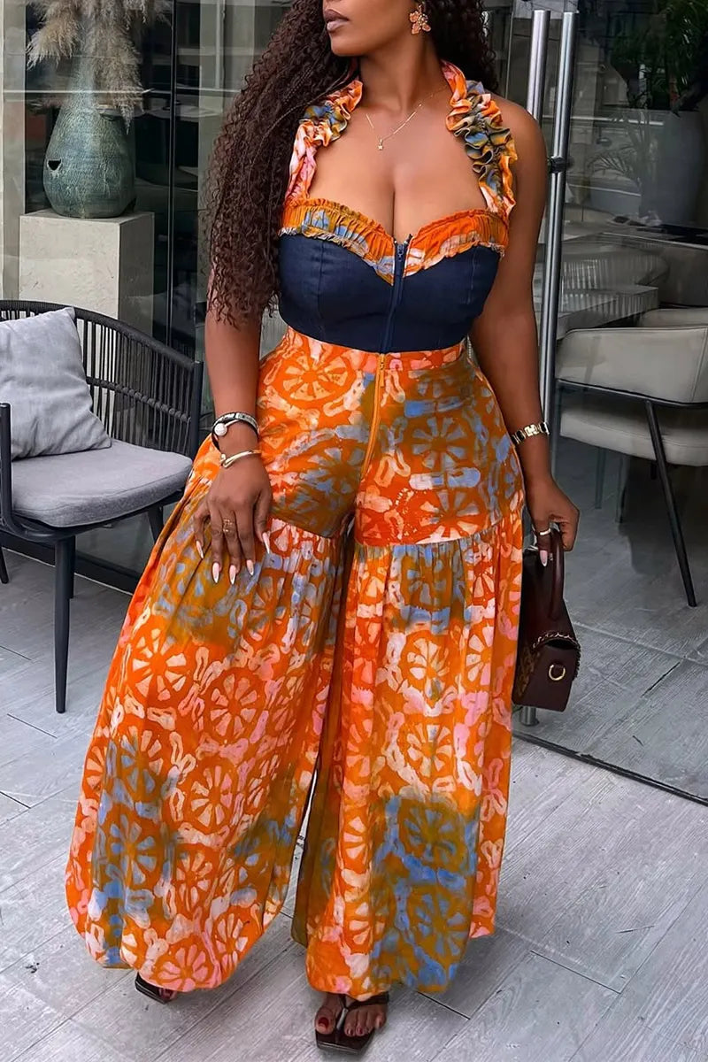 Women Hanging Neck Spliced Denim Print Casual Wide Leg Jumpsuit