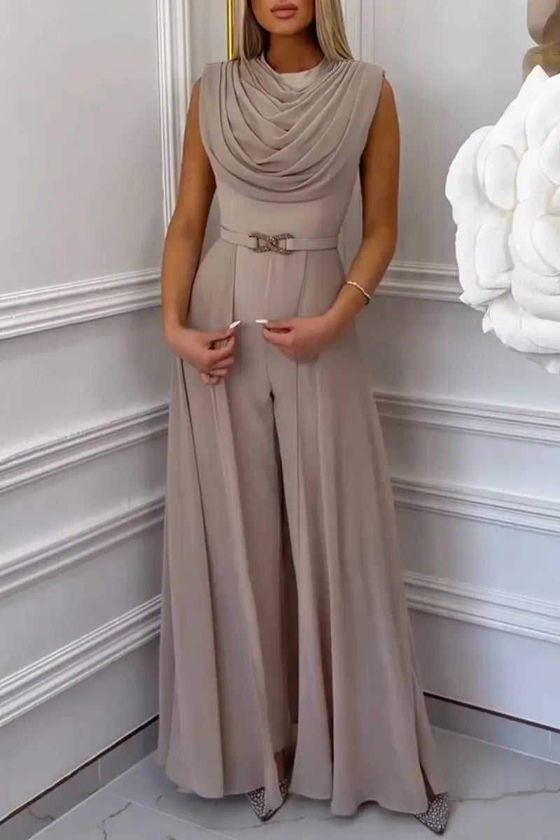 Women Round Neck Patchwork Sleeveless Elegant Temperament Jumpsuit
