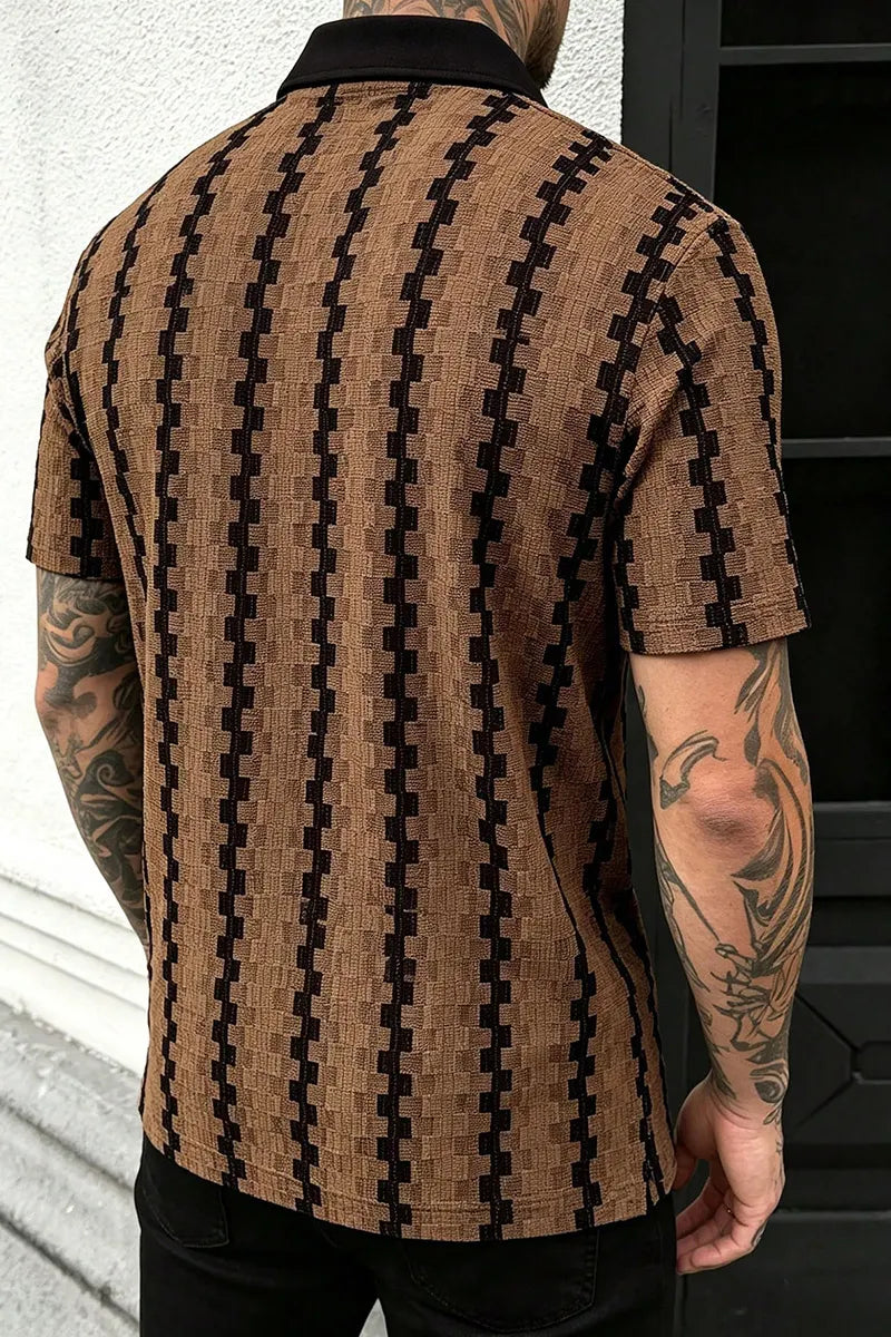 Men's Colorblock Polo Shirt, Retro Geometric Jacquard Casual Top