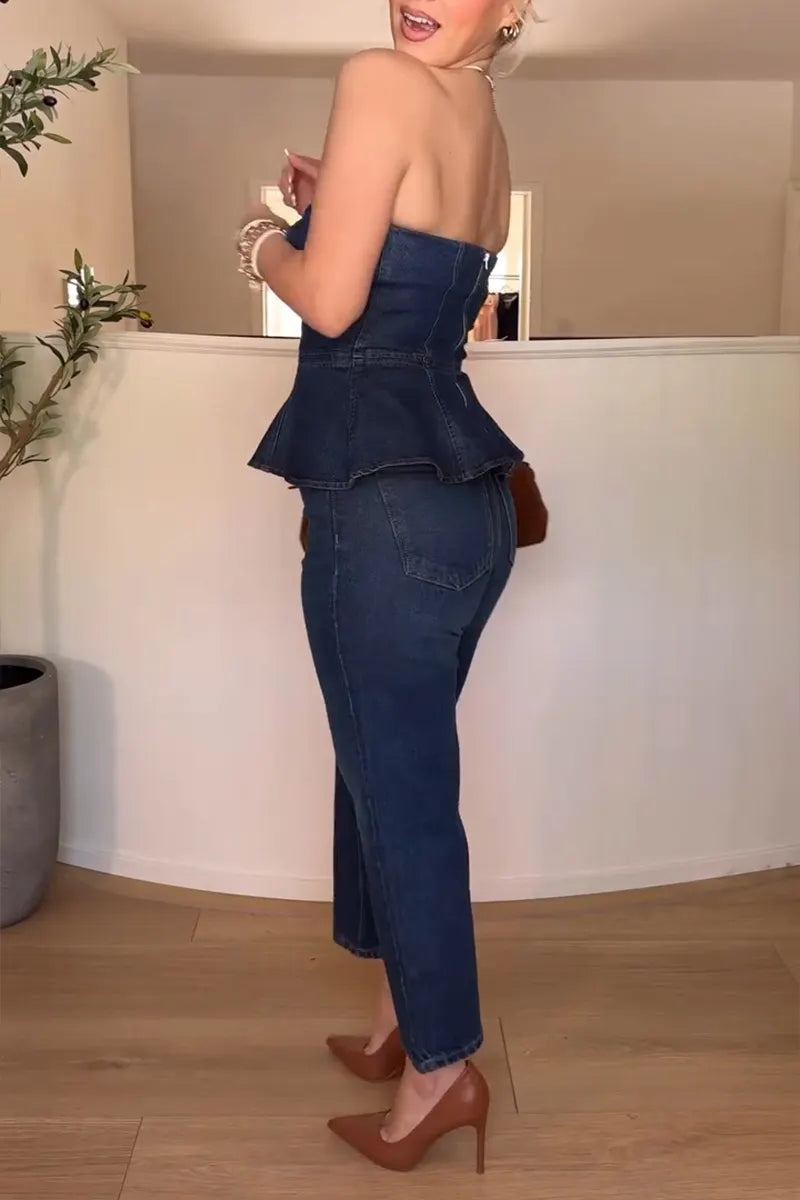 Women's Fashion Flounce Bustier Vest or Straight Jeans