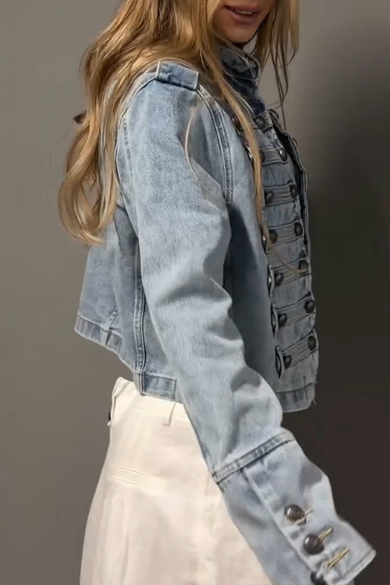 Women's Casual Knot Button Decoration Cropped Denim Jacket