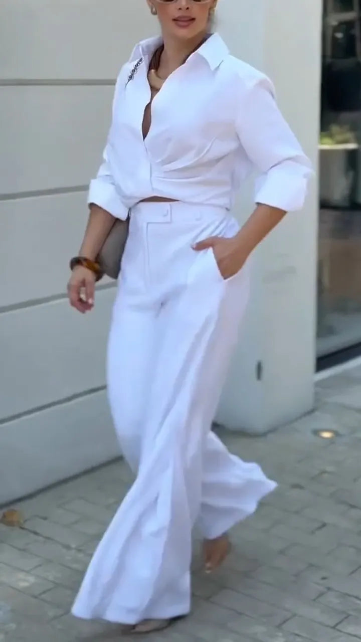 Women Collar Shirt+ Pants Solid Color Temperament Casual Suit
