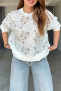 Women's Casual Flower Pattern Decoration Crew Neck Top