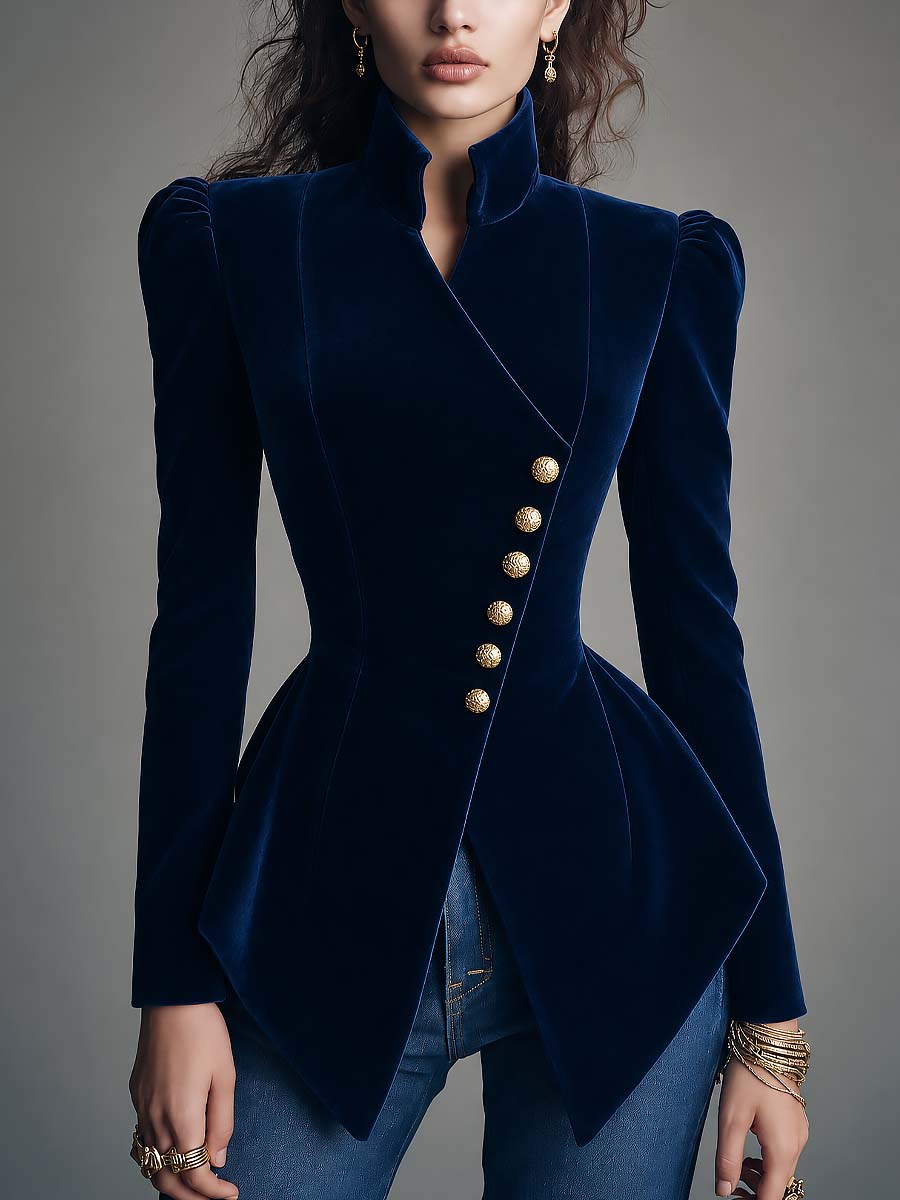 Vintage Navy Velvet Stand-Collar Gold Buttons Jacket With Peplum Hem