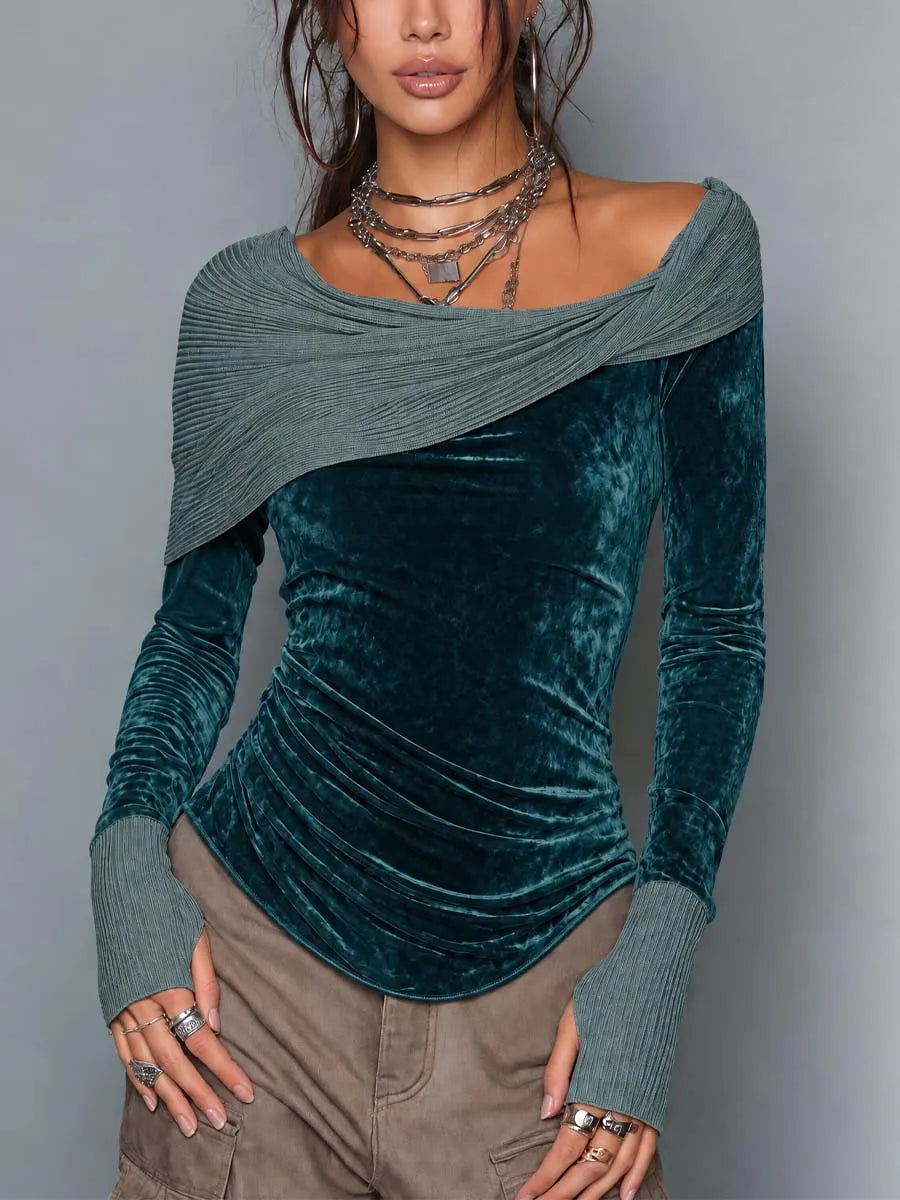 Women's Teal Velvet Asymmetric Wrap Neck Long Sleeve Top With Ribbed Thumbhole Cuffs
