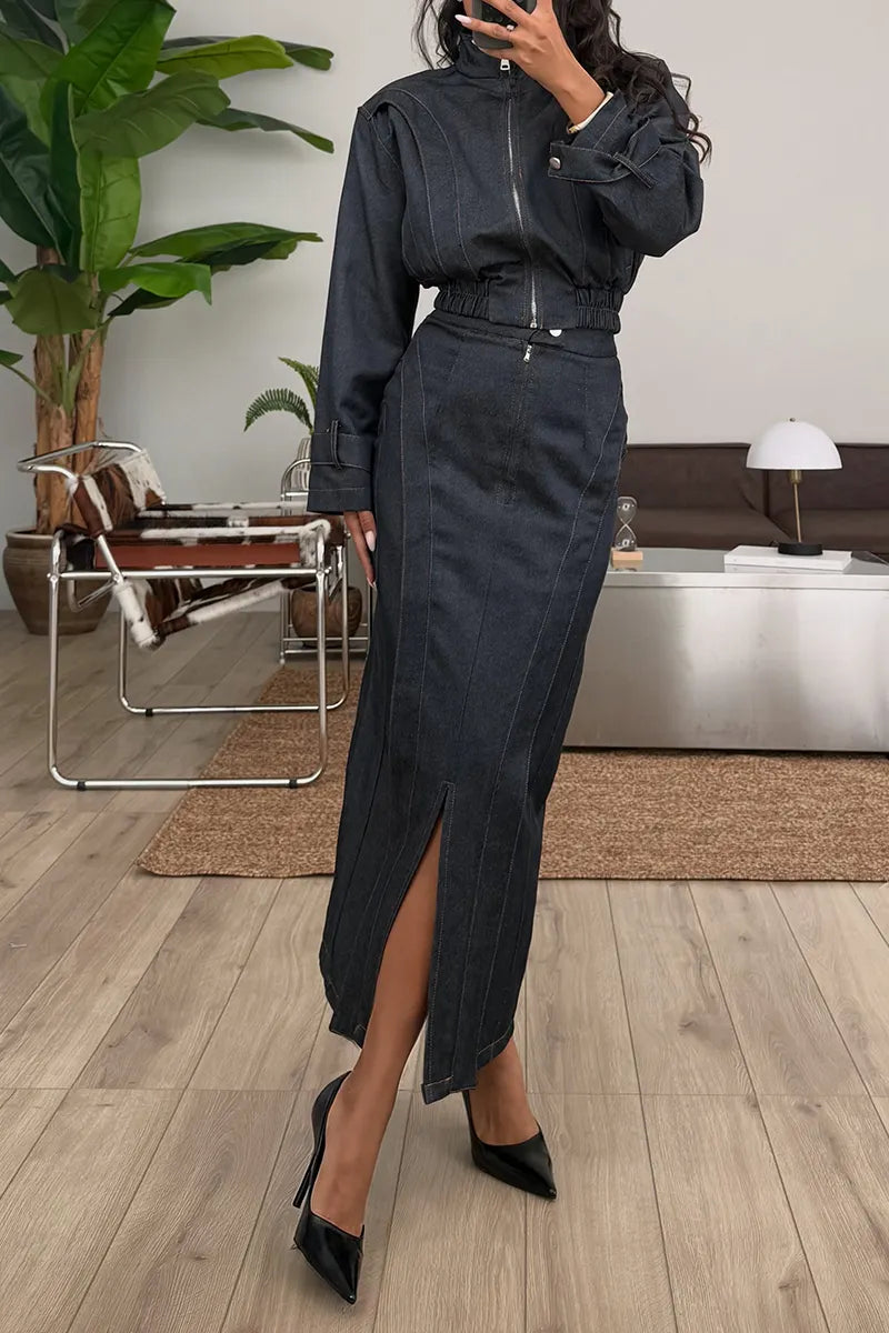 Women's Casual Loose Denim Jacket or Straight Slit Skirt