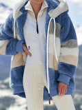 Women's Hooded Contrasting Color Casual Plush Coat